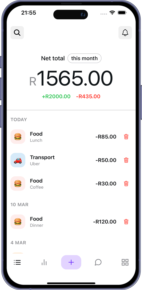 MoneyTracker app interface